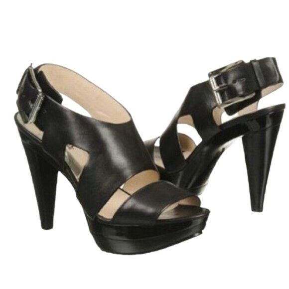 Michael Kors Carla Black Leather Platform Open Toe Cone Heels - Picture 1 of 16